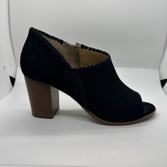 Jack Rogers Size 10 M Black Suede Peep Toe Booties Side Zip Stacked Heel Shoes - Picture 2 of 14